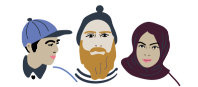 Illustration mit jungem Mann mit Schirmmütze, jungem Mann mit Bart und junger Frau mit Kopftuch