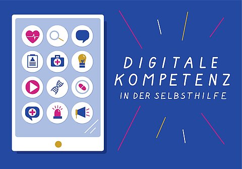Projekt-Logo. Ein gezeichnetes Tablet, das viele Gesundheits-Apps zeigt. Rechts daneben der Projekttitel.