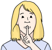 Eine Frau hat den Finger vor dem Mund. Niemand soll reden.